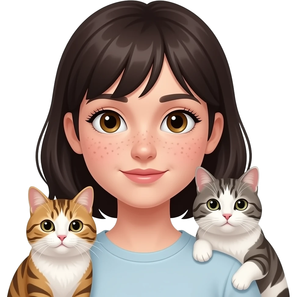 girl with brown eyes, a lot of freckles,pale skin, long full lashes and dark hair with two cats emoji