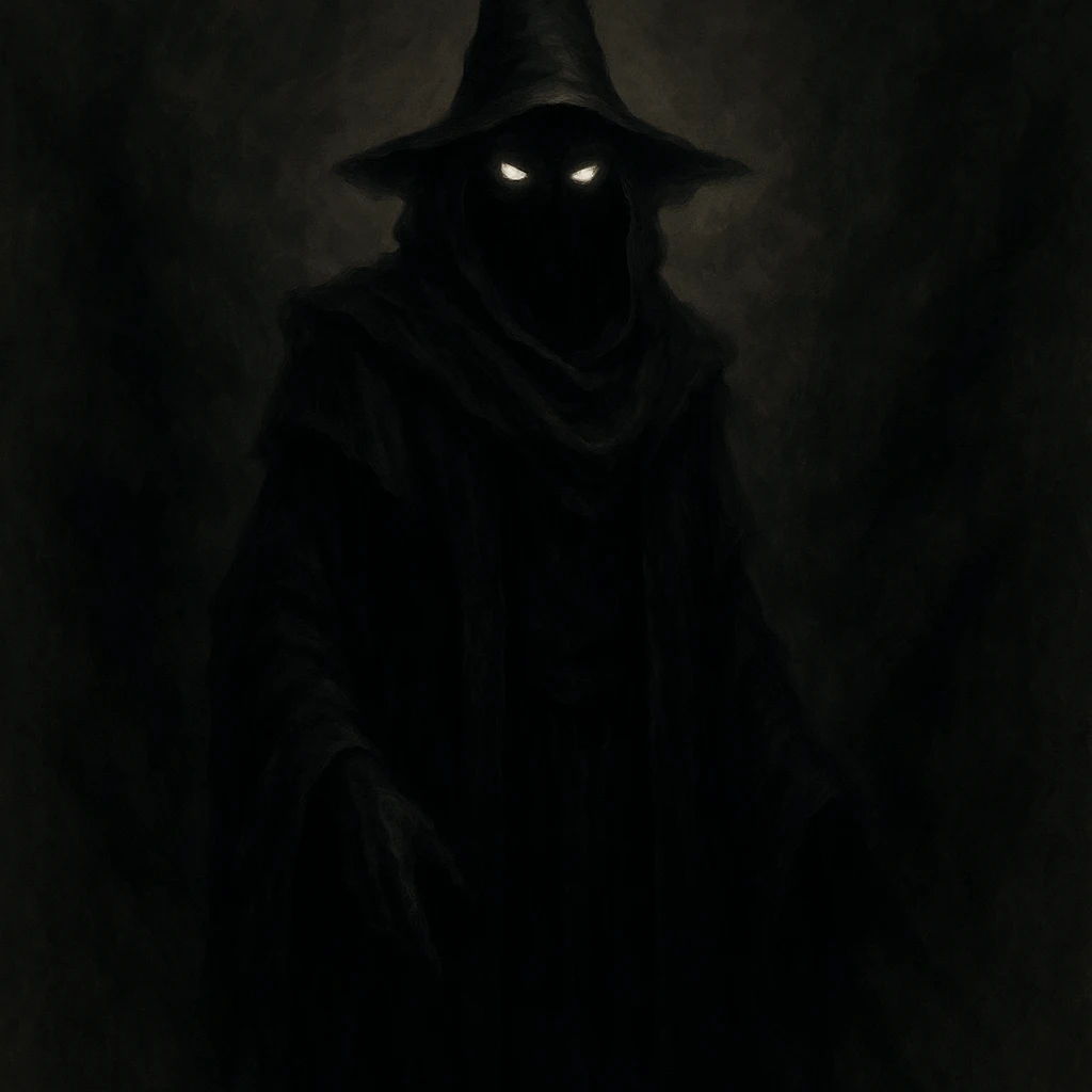 dark wizard, shadowy robes, glowing eyes, mysterious aura emoji