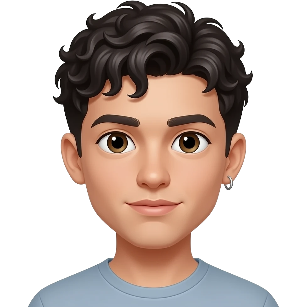 Une garçon adolescent à la peau clair avec des cheveux bouclés noir , a un percing à un oreille emoji