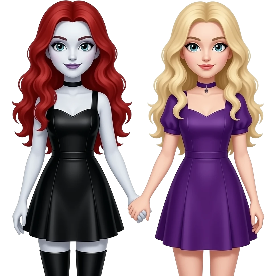 Vampiro femmina  con capelli lunghi rossi ondulati con pelle bianca che indossa un vestito stretto in vita e largo sotto che arriva alle ginocchia nero e degli anfibi lunghi che sta tenendo la mano a una sua amica vampiro FEMMINA con i capelli biondi e un vestito identico al suo viola pelle bianca emoji