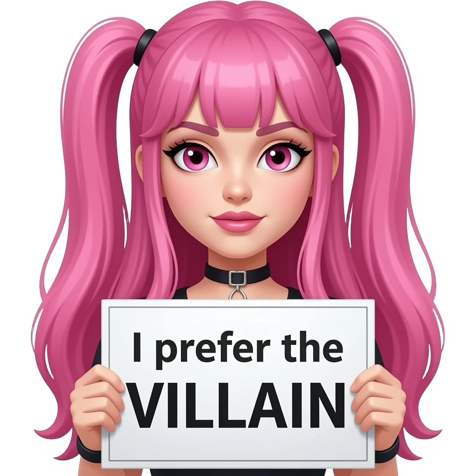 sexy girl with long pink hair and pink eyes holding a I prefer the VILLAIN sign emoji