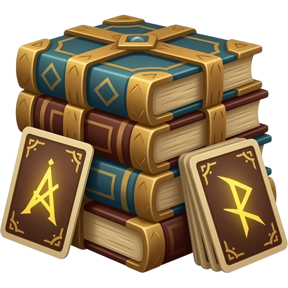 🛡️ An ancient-style pile of books and cards, bound in dark wood, with glowing rune pages. emoji