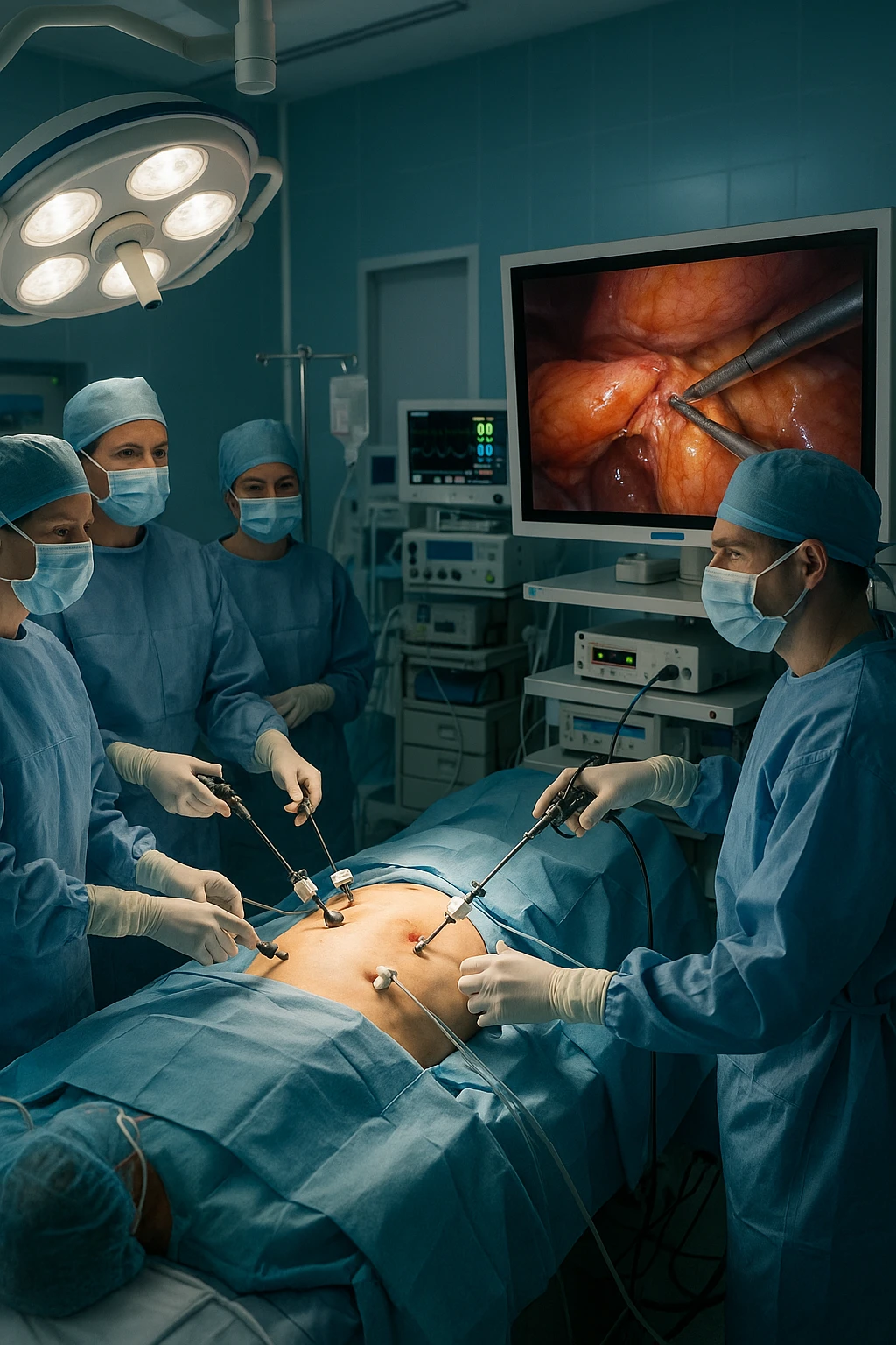 A realistic, clinical image inside a modern operating room during a laparoscopic cholecystectomy (gallbladder removal surgery). A team of surgeons in sterile gowns, masks, and gloves focus intently on the patient lying on the operating table. High-tech laparoscopic instruments are inserted through small incisions in the patient’s abdomen. On a large screen nearby, a close-up video feed shows the gallbladder being carefully dissected and removed using precise surgical tools. The environment is brightly lit with cool white surgical lights, and all medical equipment is clean and state-of-the-art. The mood is professional and sterile, conveying a sense of precision, care, and medical expertise. The patient is under anesthesia, covered with sterile drapes, with monitoring devices attached emoji