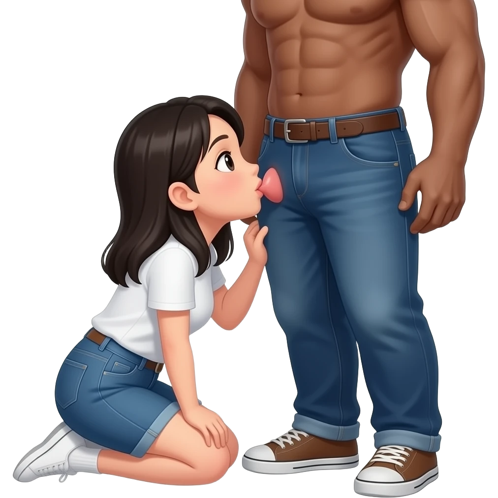 Asian girl kneeling before a black guy showing his penis and sucking on it emoji