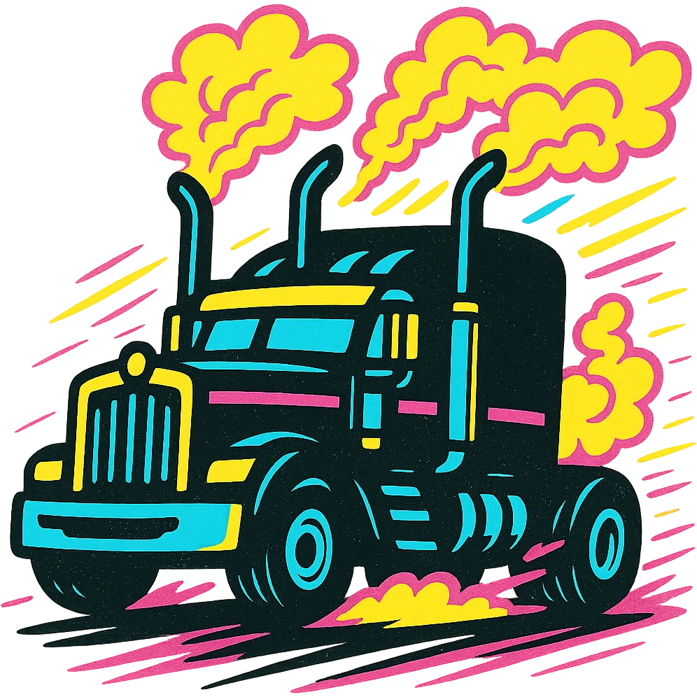 Animate the black Kenworth W680 cartoon truck with exaggerated chrome stacks and vibrant smoke, showing it moving quickly down the road with energetic motion lines, speed effects, and a lively cartoon look. Transparent background. emoji