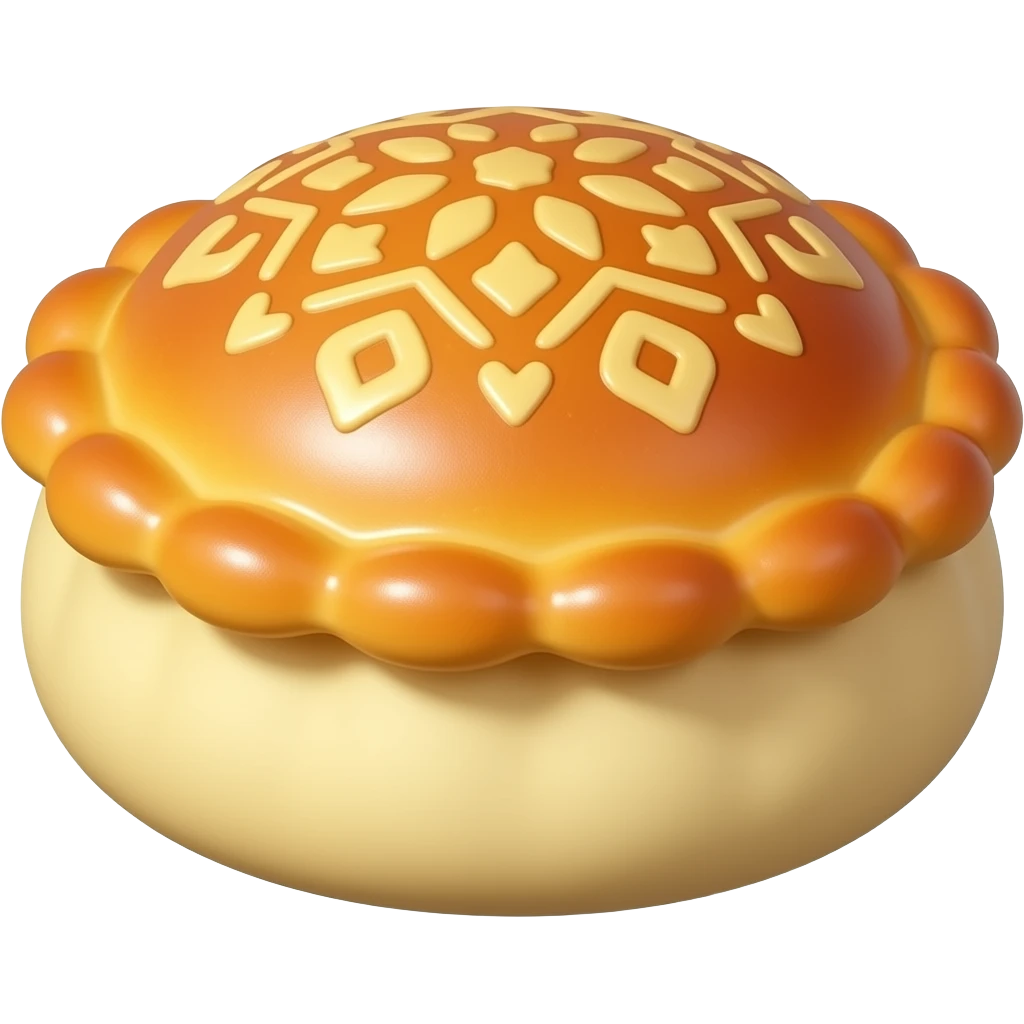 Minimal clean background. A 3D emoji-style shekerbura pastry with detailed traditional patterns on top. Golden baked color, slightly glossy surface, soft shadows. Rounded, smooth, Apple emoji style. Centered and minimal with empty space emoji