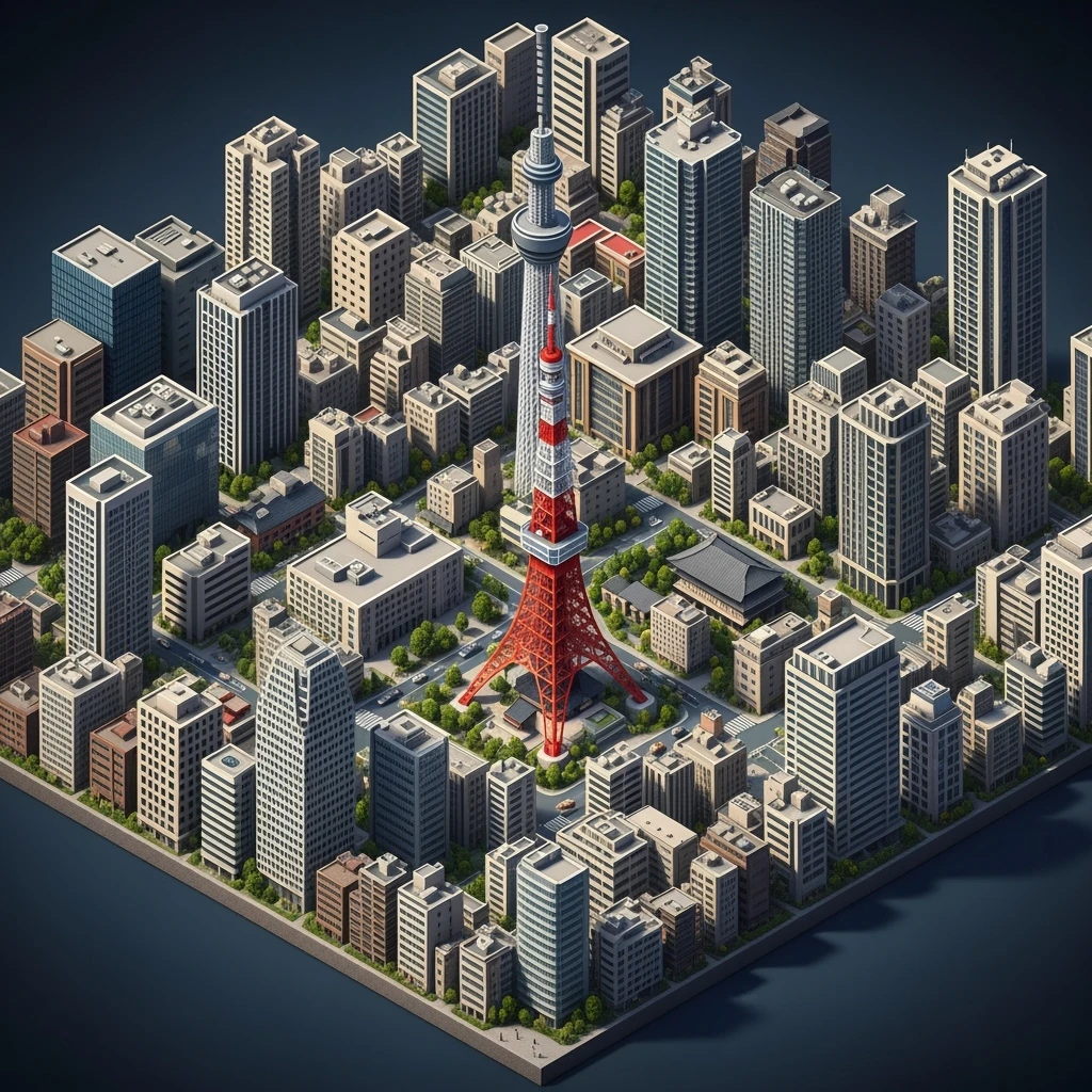 Isometric illustration of Tokyo, full miniature cityscape shown in the frame, 45-degree bird’s-eye view, photorealistic details, Tokyo Tower and Tokyo Skytree in the city center, realistic lighting, clean streets, tiny cars and people, modern buildings with varied architecture emoji