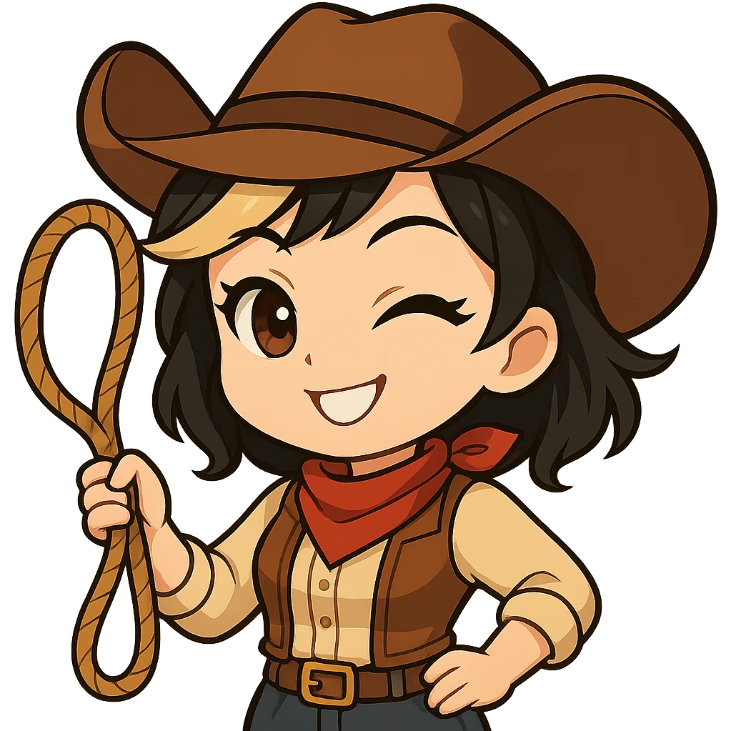 Edit the chibi cowgirl to have new anime-style eyes, holding a rope (lasso) in her left hand, right hand on her hip, with a big confident smile and a playful wink. Keep the cowboy hat, outfit, and chibi/anime style. Transparent background, sized for Twitch or Discord use. emoji