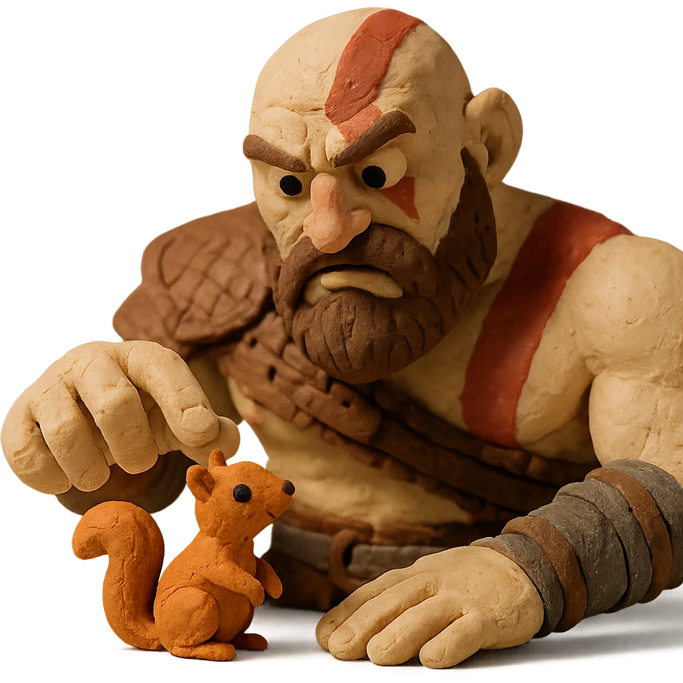 Kratos in a silly situation, trying to pet a tiny squirrel emoji