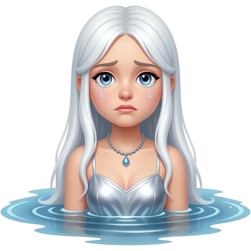 River Rusalka where a girl drowning with whiete hair and silver dress with a sad face but no tears emoji