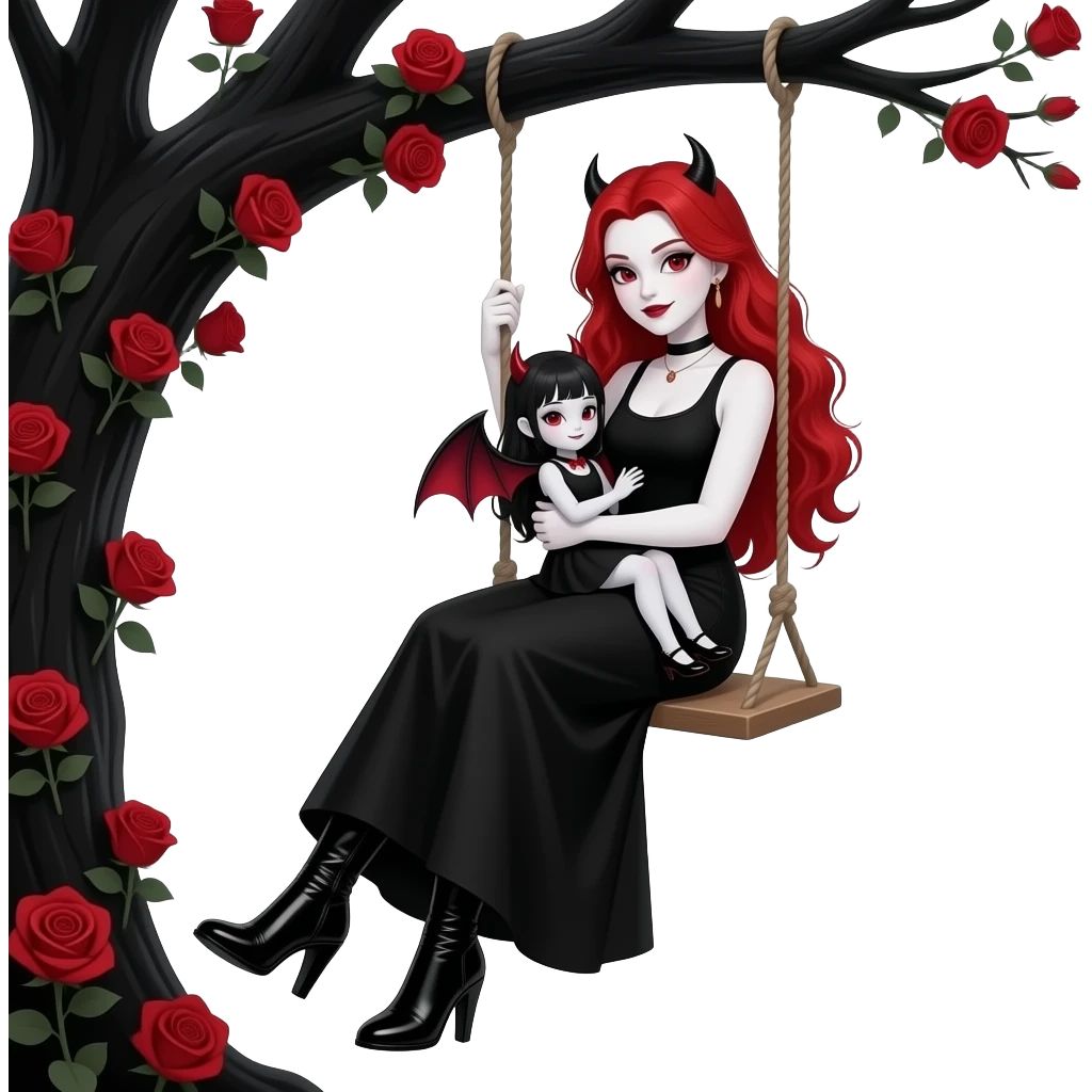 Vampiro adolescente femmina con pelle bianca e capelli rosso ondulati lunghi che indossa una gonna lunga nera e un top-canottiera nera e degli stivali lunghi neri con tacco e che dondola su un altalena attaccata a un albero nero con rose rosse con in braccio una bambina  VAMPIRA con pelle chiara emoji