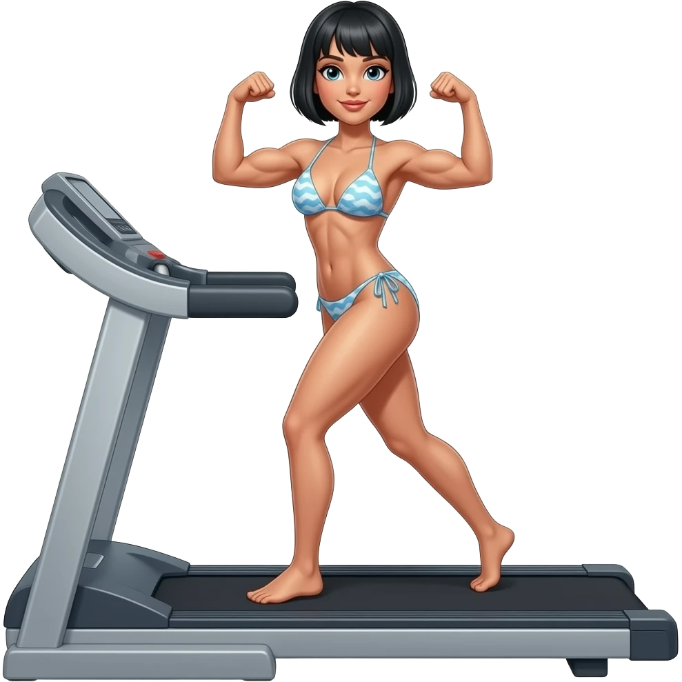 fitness model with black short cut hair on a treadmill showing her biceps and sixpack stomach in a bikini emoji