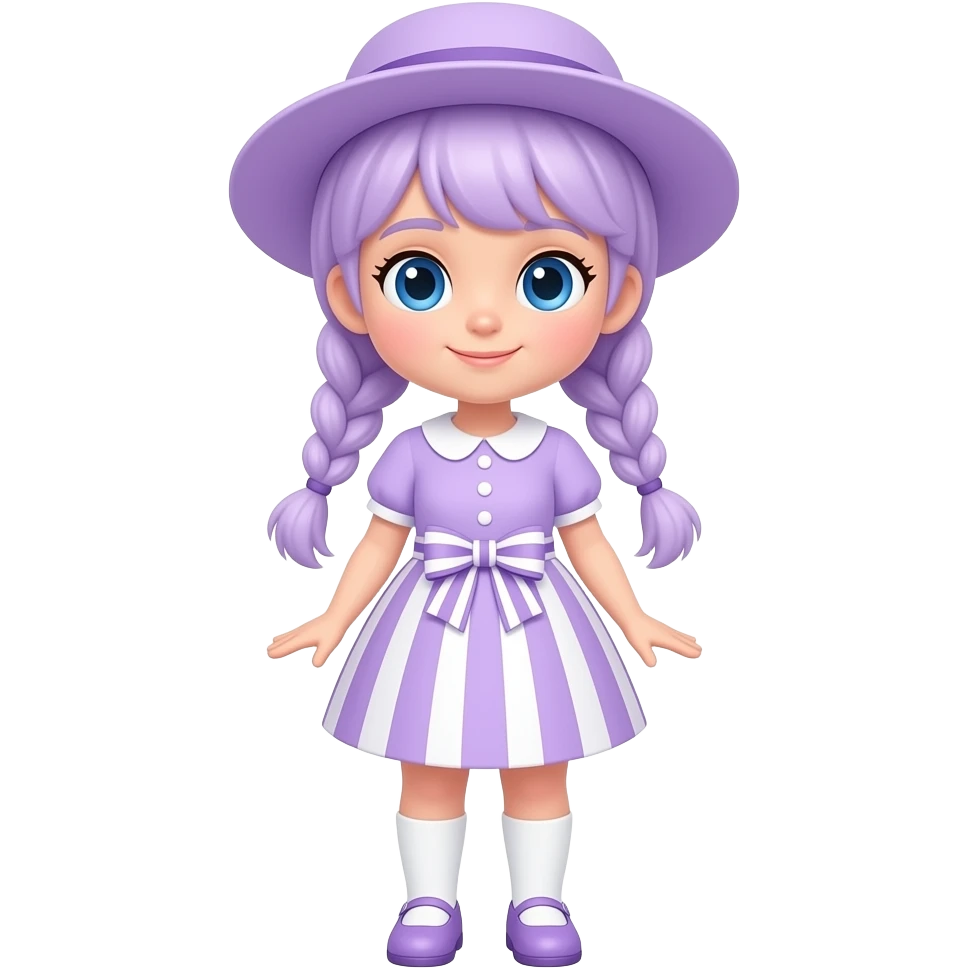 A white/fair skinned girl with pale purple hair tied in two braids, and blue eyes and wearing a pale purple dress with a pale purple and white striped skirt with a pale purple and white striped bowbow), a pale purple sun hat, white socks and pale purple shoes. emoji