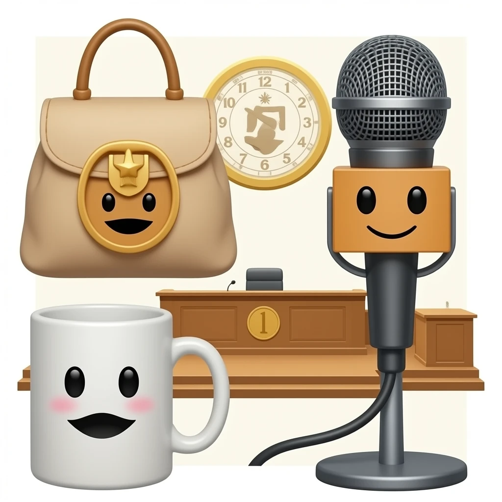 bag with face and mug with face and microphone with face setting in court emoji