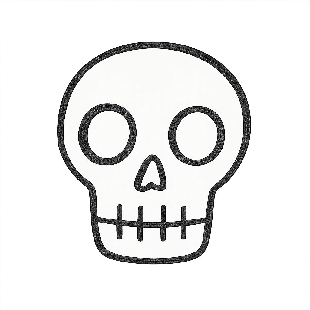 Outlined skull icon with white fill inside, hand-drawn look, sketchy lines, transparent background, artistic and rough line style. emoji
