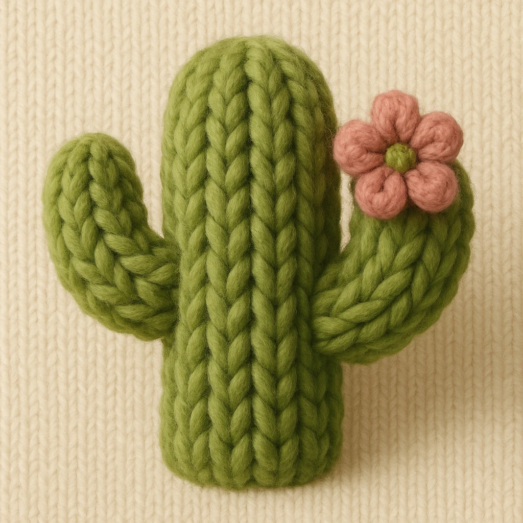 a green cactus in knitted patch style, bright green yarn, with stitched pink flower and textured arms emoji