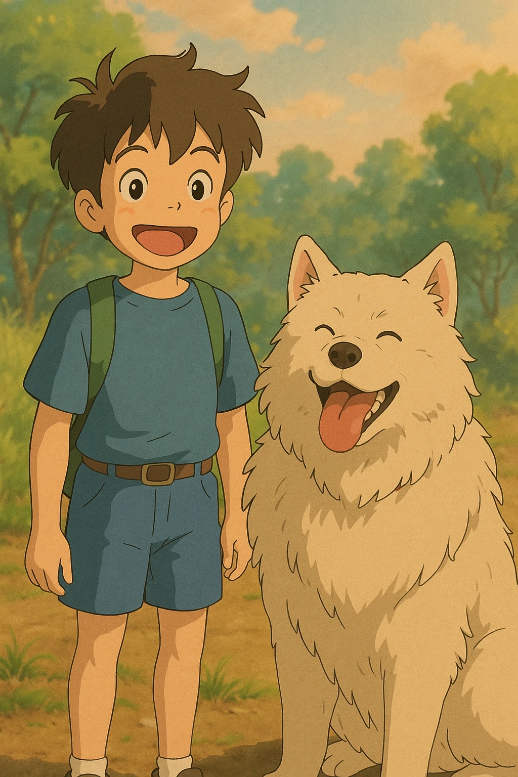 kid and his pet dog in studio ghibili style emoji