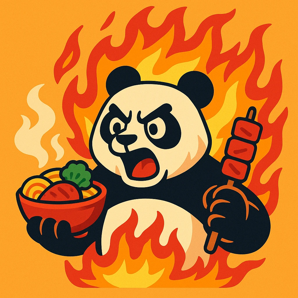 a panda on fire holding food in a dramatic cartoon style emoji
