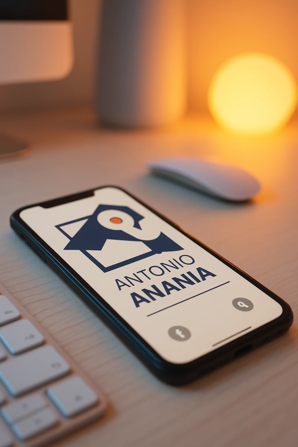 A photo of an iPhone on the desk with the message "Antonio Anania" on its screen, The phone sits atop a desk with a blurred background that suggests work environment. A faint glow from above casts gentle shadows across the surface of each object, creating depth and highlighting their textures emoji