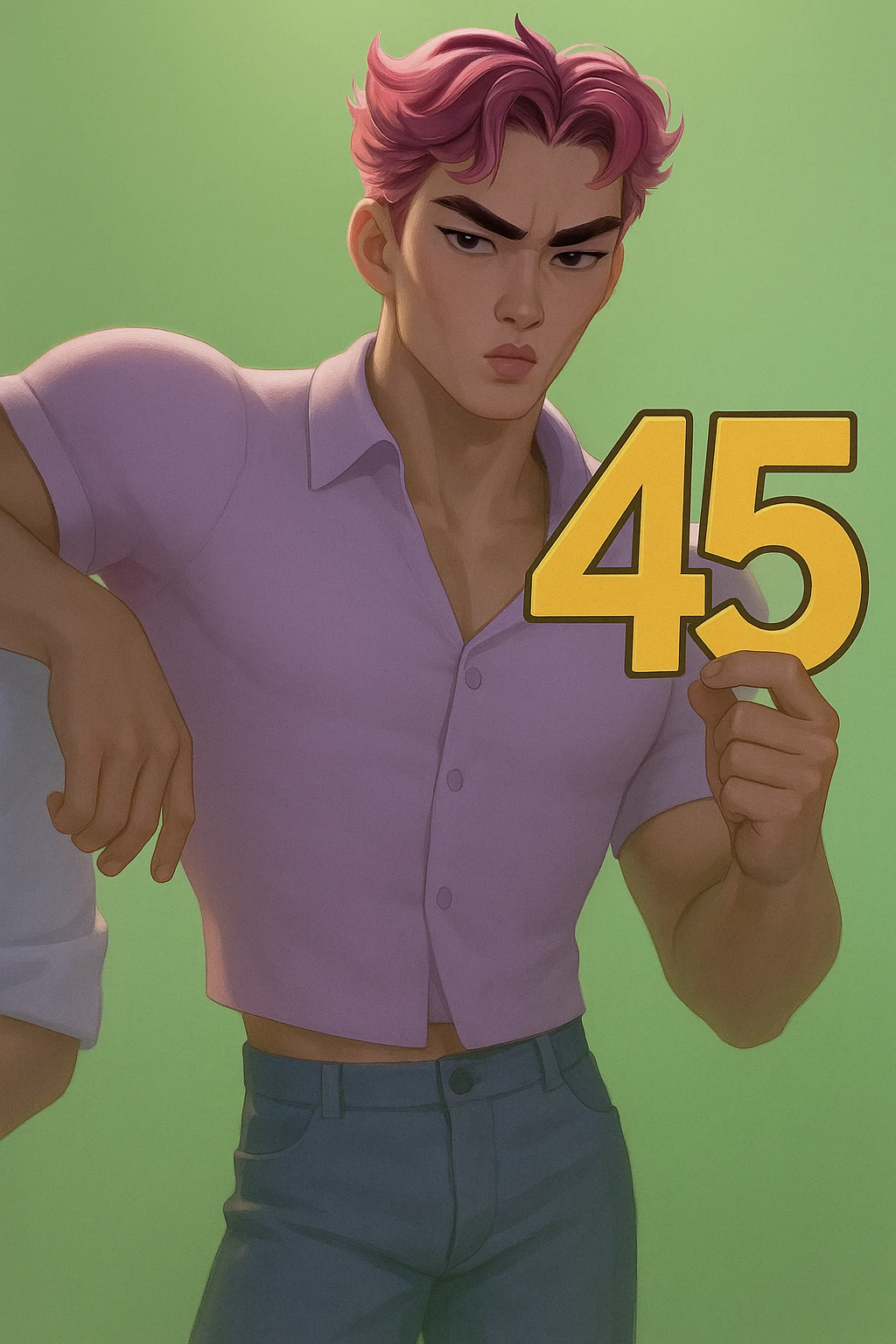 Make the character hold the number 45 in their left hand, keeping the original style and pose. Only add the number 45, do not change anything else. emoji