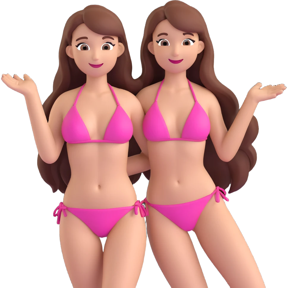 a woman with long hair in a pink bikini, playful pose, beach setting emoji