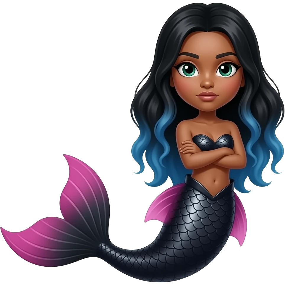 Seja sereia com cauda preta e rosa e cabelo preto e umas mexas azuis na parede das pontas e que o cabelo seja enorme , que seja parda e esteja com os braços cruzados e esteja séria, e que ela tenha o olho preto verdinho emoji