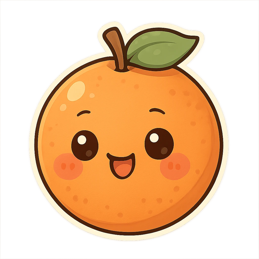 chibi sticker-style orange with a smiling face, cute and exaggerated emoji