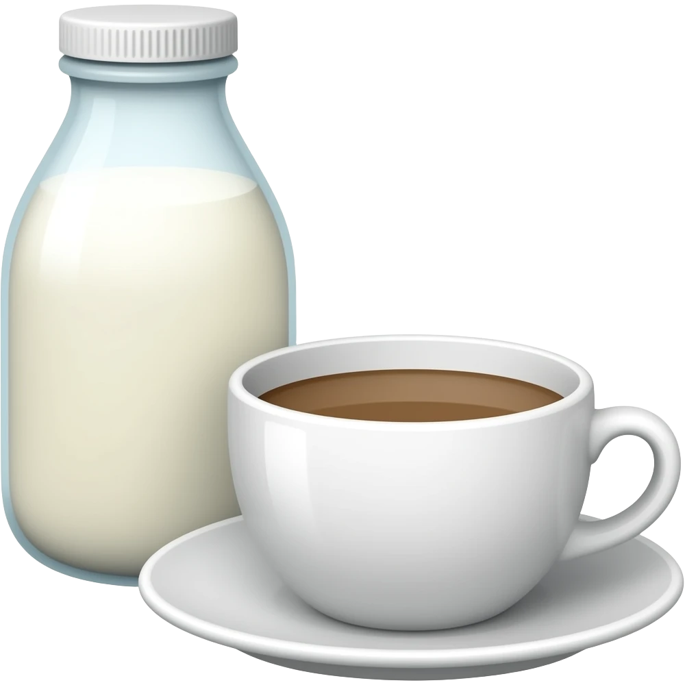 A bottle of milk on the left rear，and a cup of coffee on the right front emoji