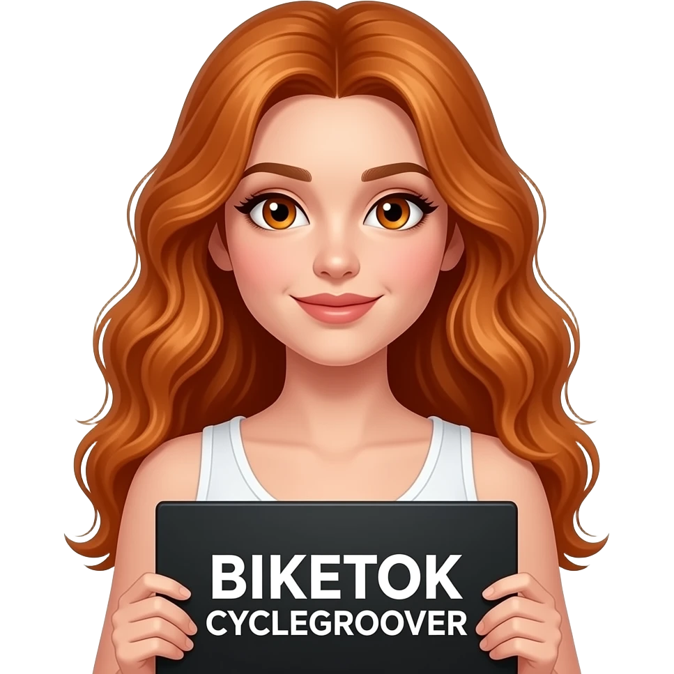 sexy girl with long wavy ginger hair and ginger eyes wearing a white tanktop is holding a black colored sign with BIKETOK CYCLEGROOVER written on it emoji