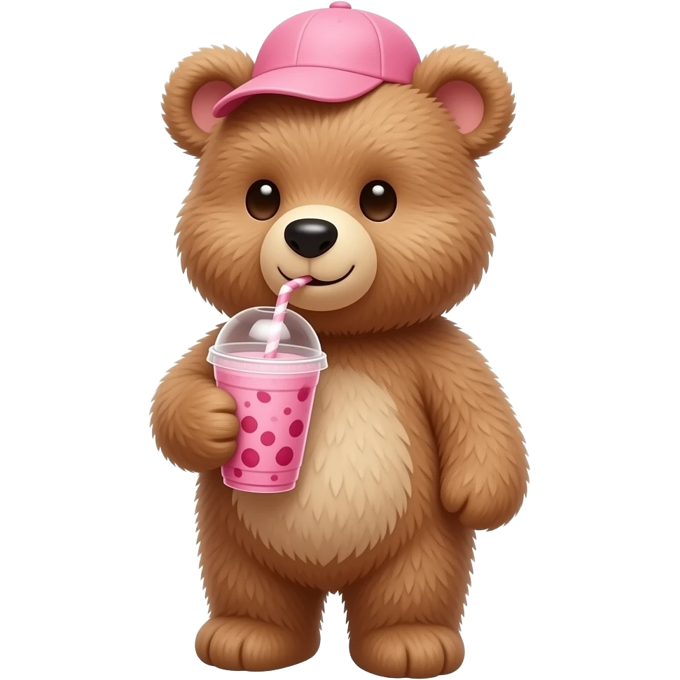 Un osito de pelucho tomando un batido con un lasito rosa en la oreja derecha emoji