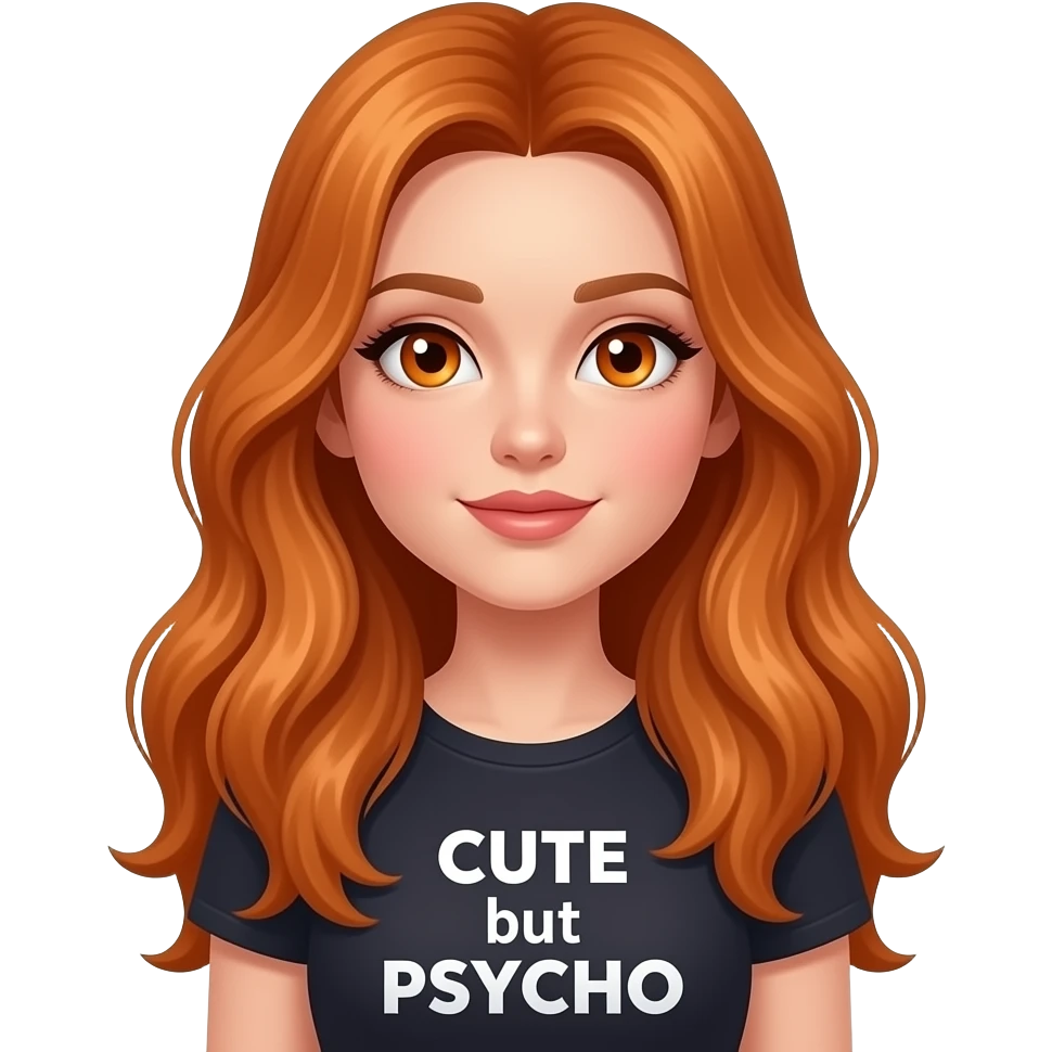 sexy girl with overlong ginger hair and ginger eyes a top with CUTE but PSYCHO written on it emoji