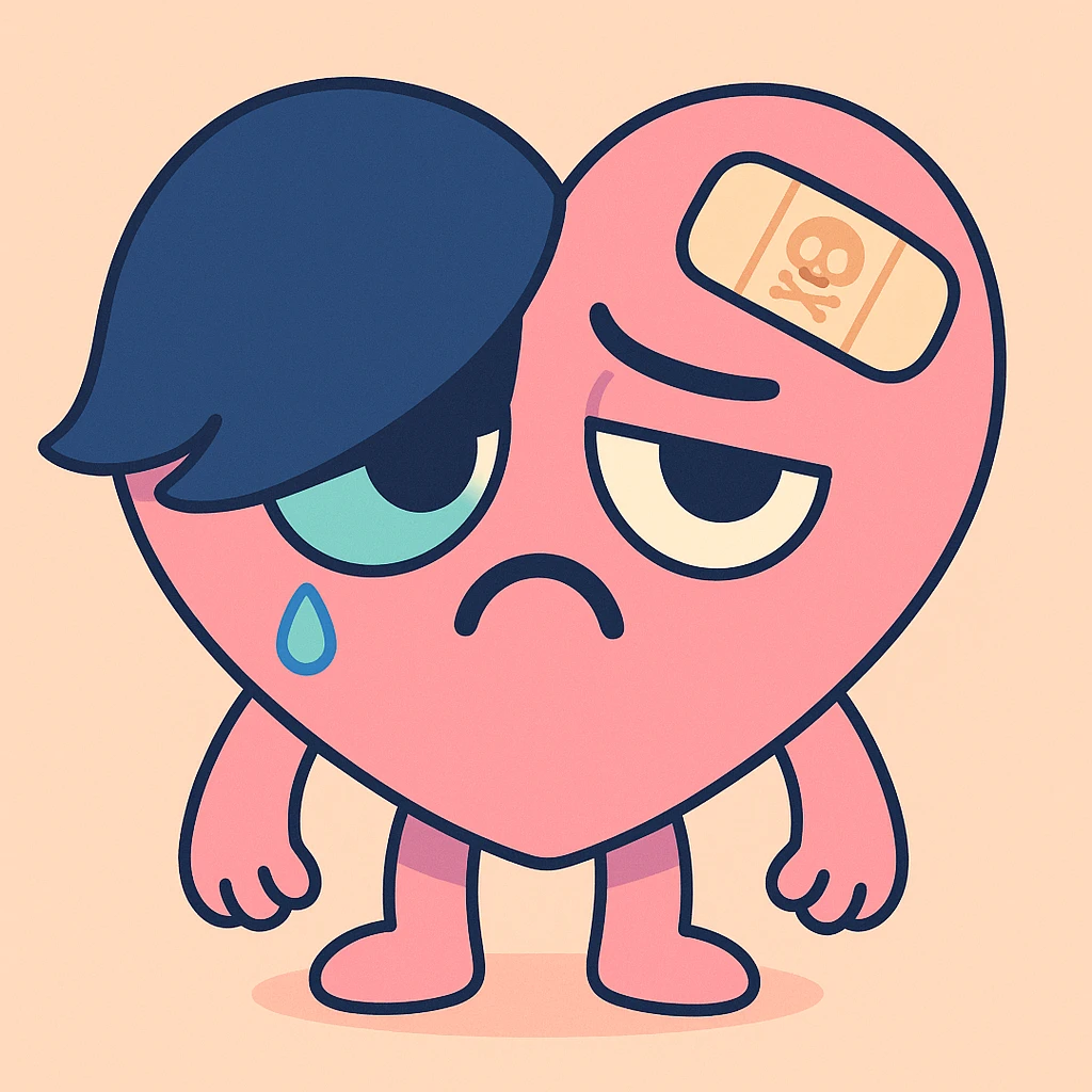 emo heart, bandaged, pastel colors, subtle skull or cross motif, emotional expression, pastel palette emoji