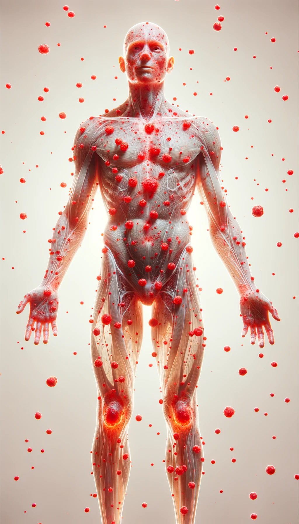 CORPO UMANO ANATOMICO CON RED SPOT DI INFIAMMAZIONE SPARSI SUL CORPO, SFONDO CHIARO, iperrealistico 4k emoji
