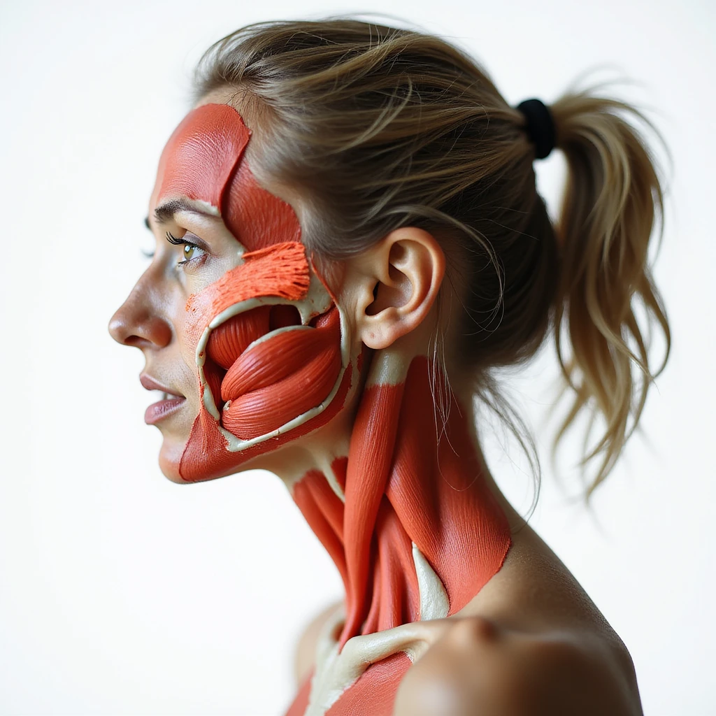realistic anatomical side view of a woman with head and neck muscles highlighted, forehead or temples reddened, suffering expression, white background emoji