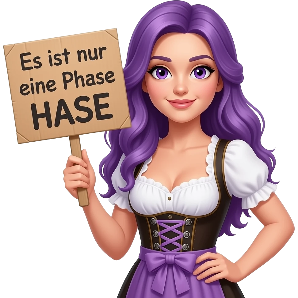 sexy girl with long purple hair and purple eyes wearing a dirndl holding a Es ist nur eine Phase HASE sign emoji