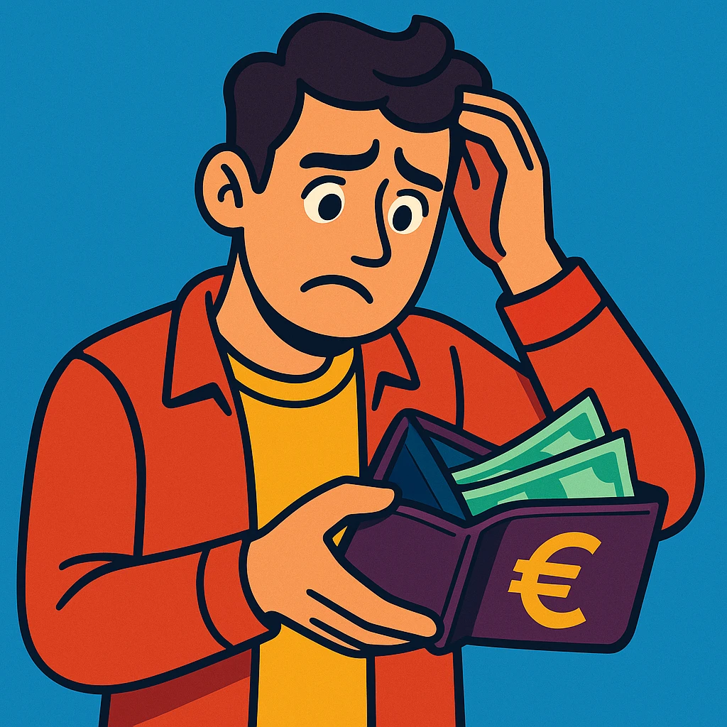 a modern man looking worried, holding a nearly empty euro wallet, representing poor money habits, vibrant contemporary style emoji