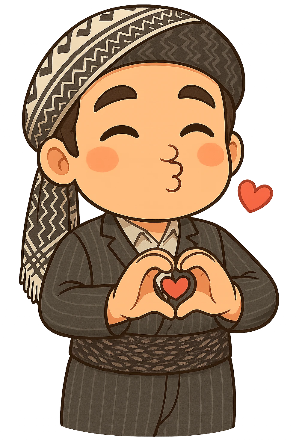 Cartoon sticker of a Kurdish man with the same clothes and scarf as the reference, no changes to clothes or scarf, face sending a kiss, both hands forming a heart in front of chest, colorful and cheerful, no shadows or color halos around the image, no text, suitable for WhatsApp and Instagram, fully transparent background. emoji