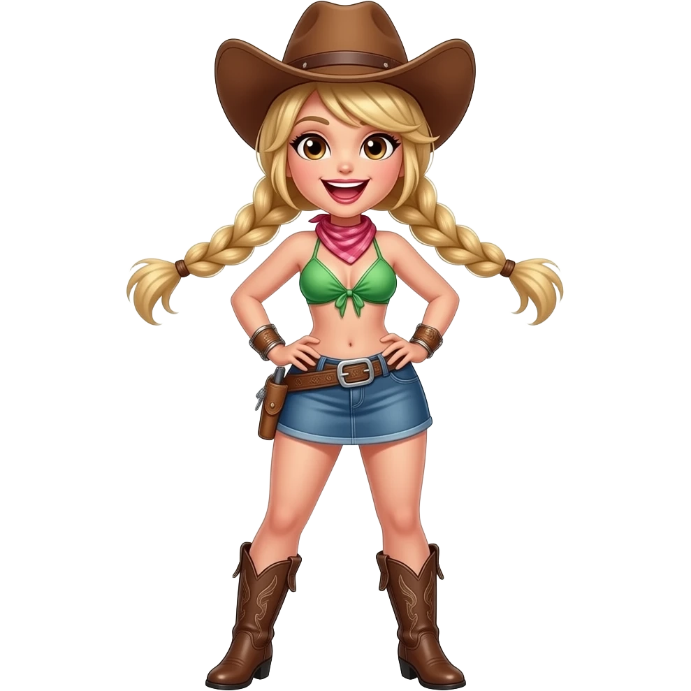 Sexy Cowgirl in green bikini top, short denim skirt with slim face, open mouth, brown eyes and blonde hair with tight pigtail braids and over the knee boots emoji