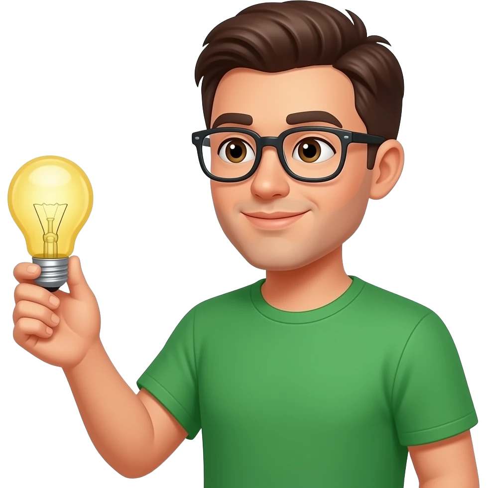 человек с лампочкой получил новую мысль в очках и в зелёной футболке emoji