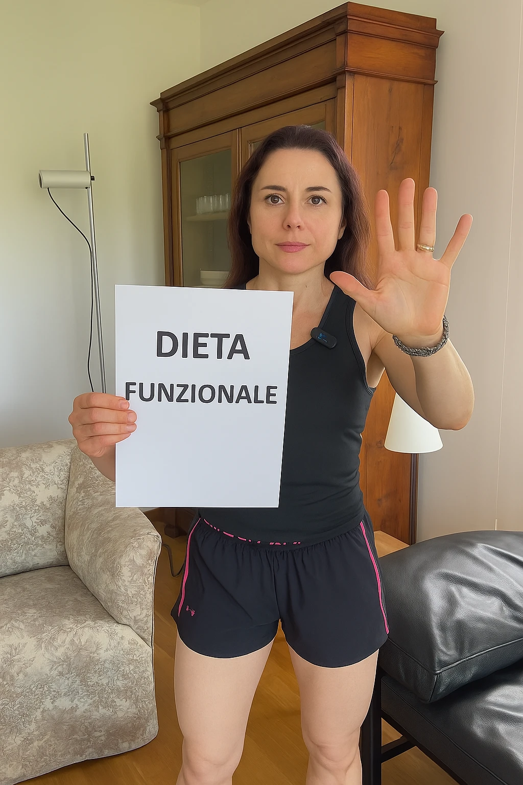 Donna con in mano una dieta con scritto "Dieta Funzionale" emoji