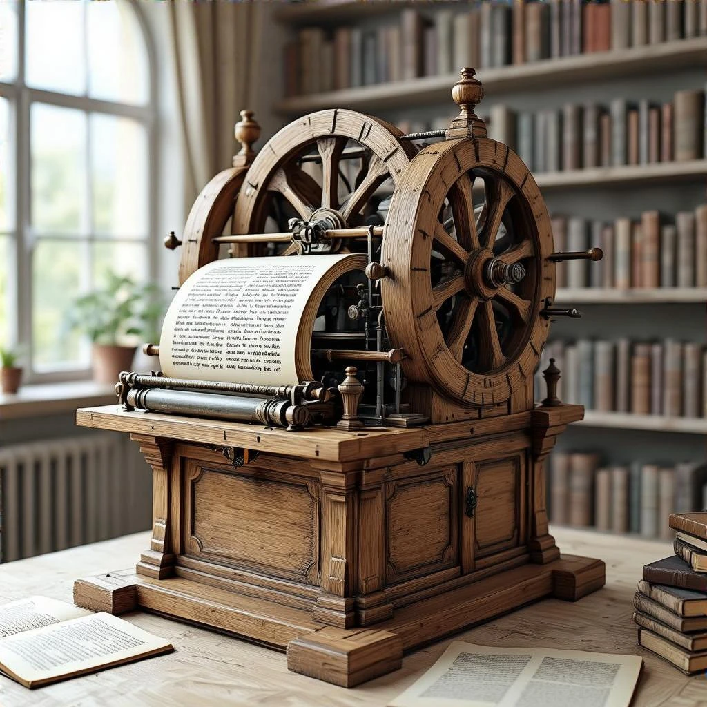 Первый книгопечатный станок Гутенберга в рисованном 3d стиле, прозрачный фон emoji