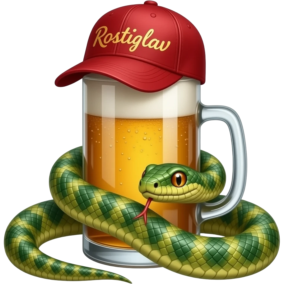 A snake in a cap with the inscription Rostislav is wrapped around a glass of beer. emoji