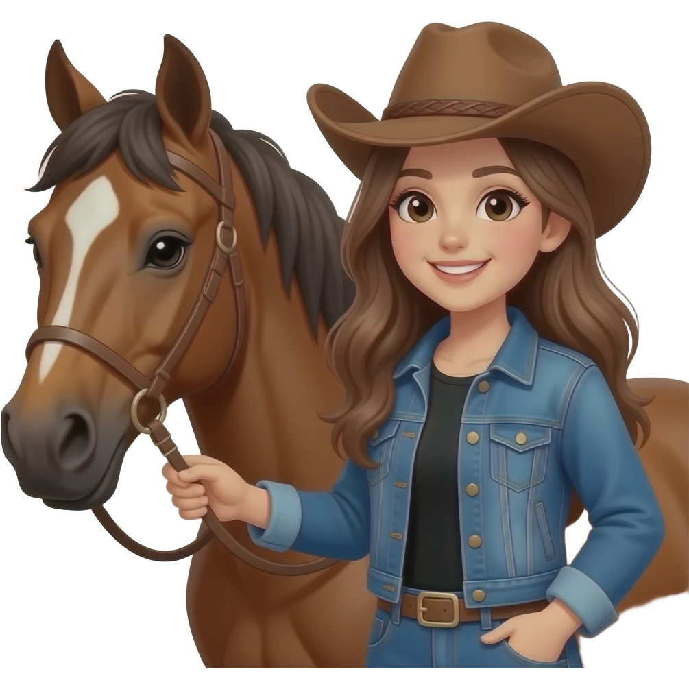 Girl with long brown hair, with black eyes, smiling, wearing a denim jacket and black shirt and brown cowgirl hat, next to her brown horse that has a white spot on her forehead. emoji