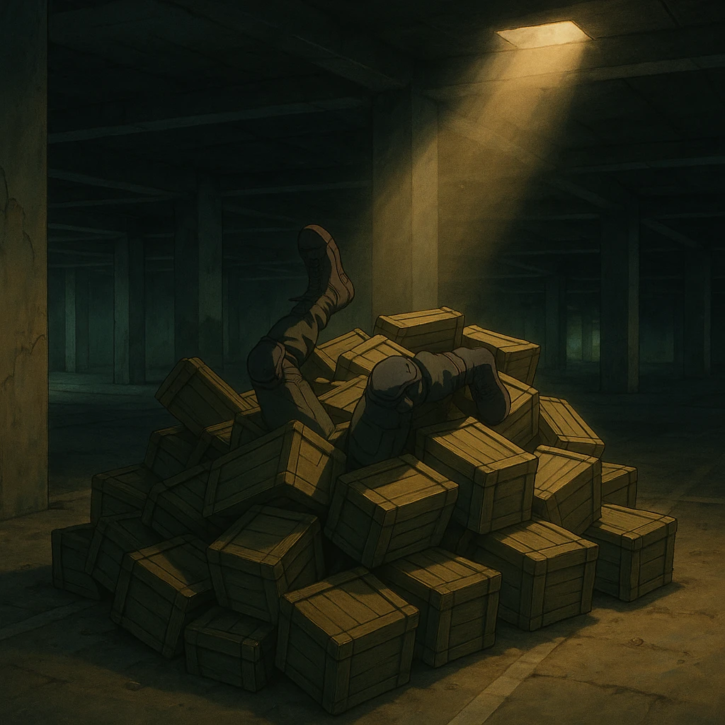 A pile of small oblong crates hidden in a parking structure with a beam of light shining from above, with someone’s boots sticking out like they dove in, tactical gear clothing  emoji