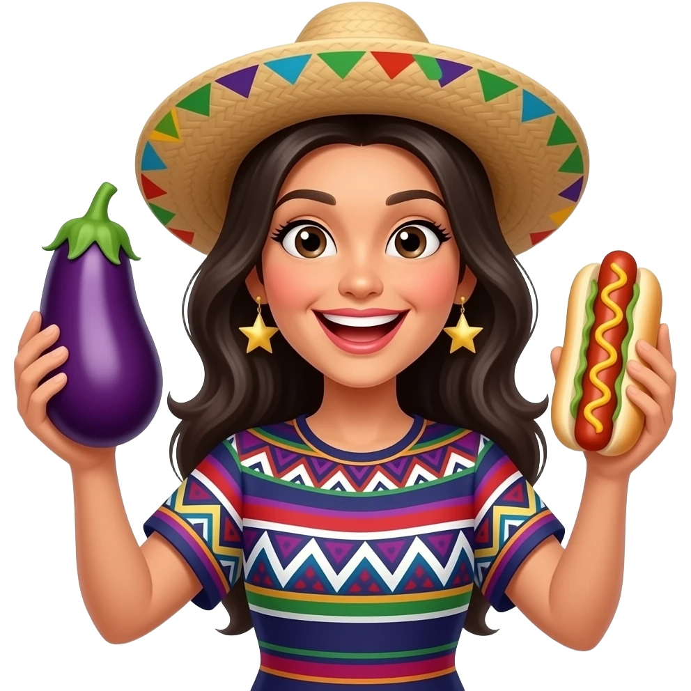 Mexican American woman with an eggplant hot dog celebrating a win emoji
