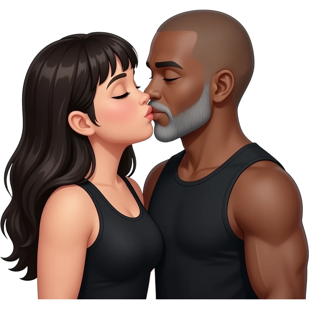 Mexican girl with bangs and a little chubby, kissing black man with grey beard td bald.  No head band and wearing a black tank top. Girl has muscular arms and long hair. Man is a little lighter skinned. emoji