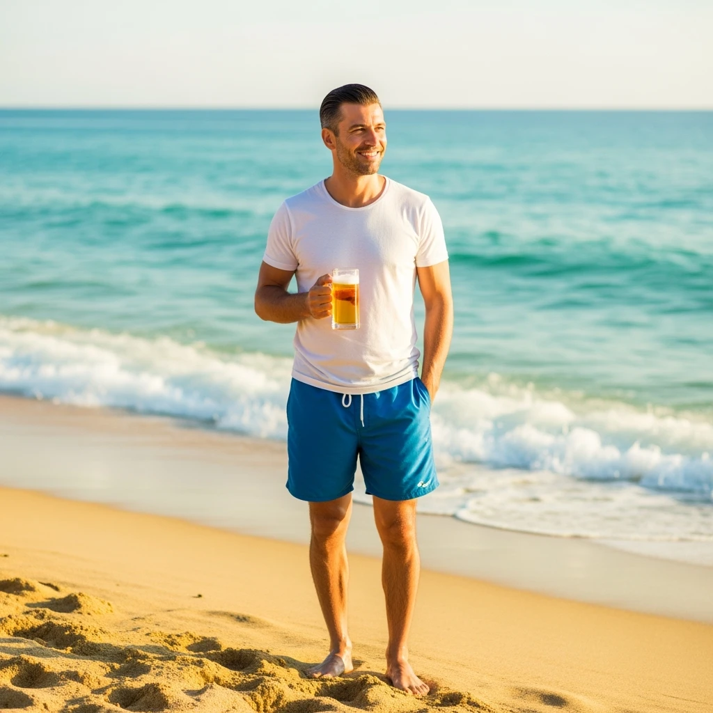 take this picture of a man and make it  beach photo with drink emoji