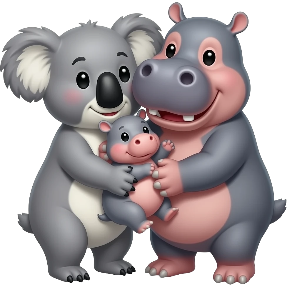 Koala and hippo holding their one baby hippo Together in both of their arms hugging emoji family realistic real emoji not cartoon cuddle emoji