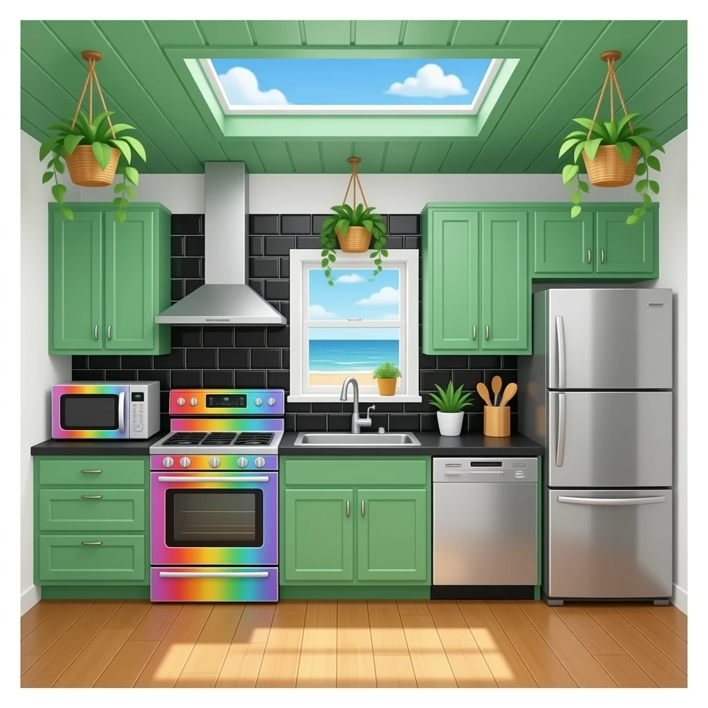 fancy beachside kitchen with black wall tiles, leaf green cabinets, rainbow metal microwave, stove, sink, dishwasher, fridge and range, black countertops, wood floors, leaf green colored ceiling with a skylight, hanging decorative plants from the ceiling emoji