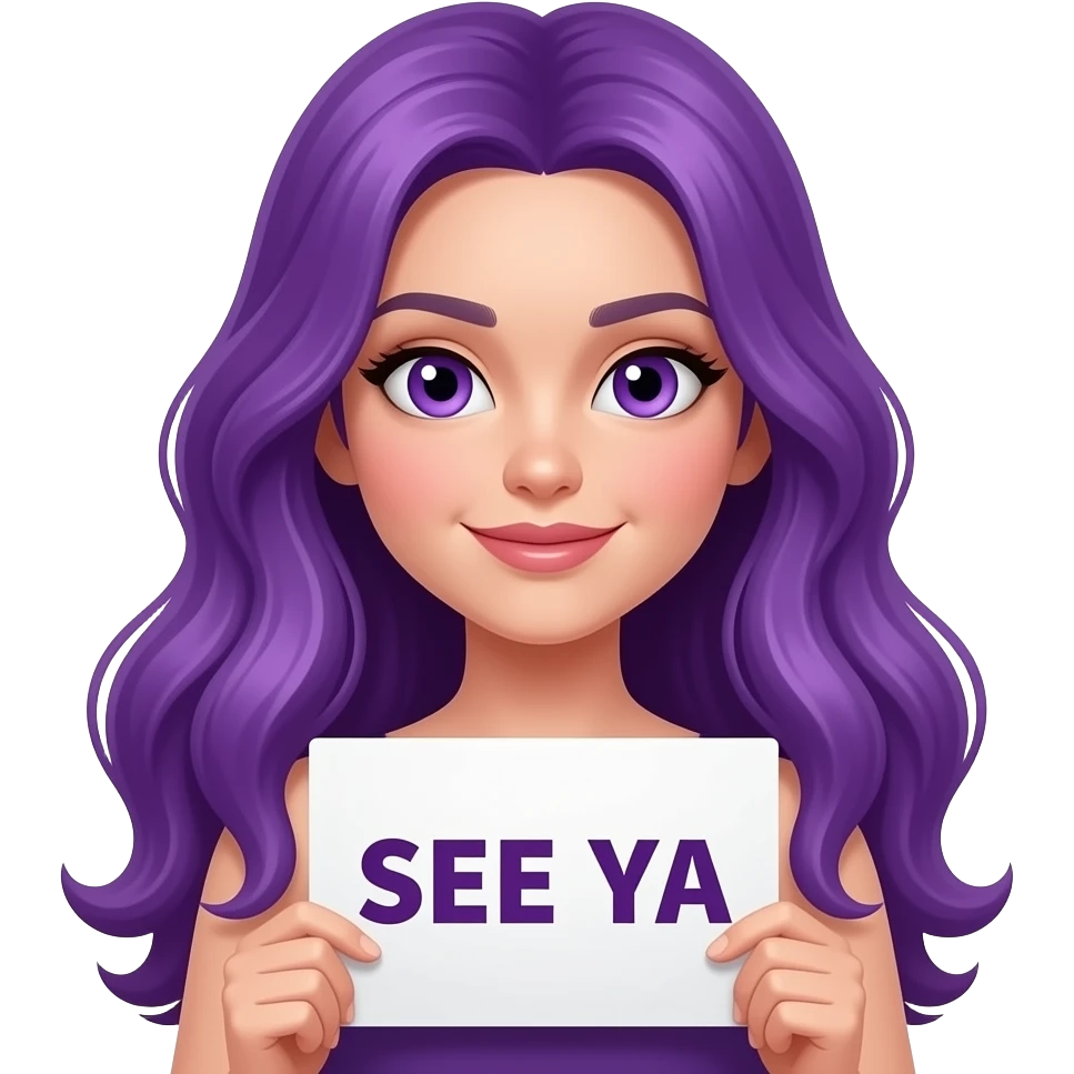 sexy girl with long purple hair and purple eyes holding a SEE YA sign emoji